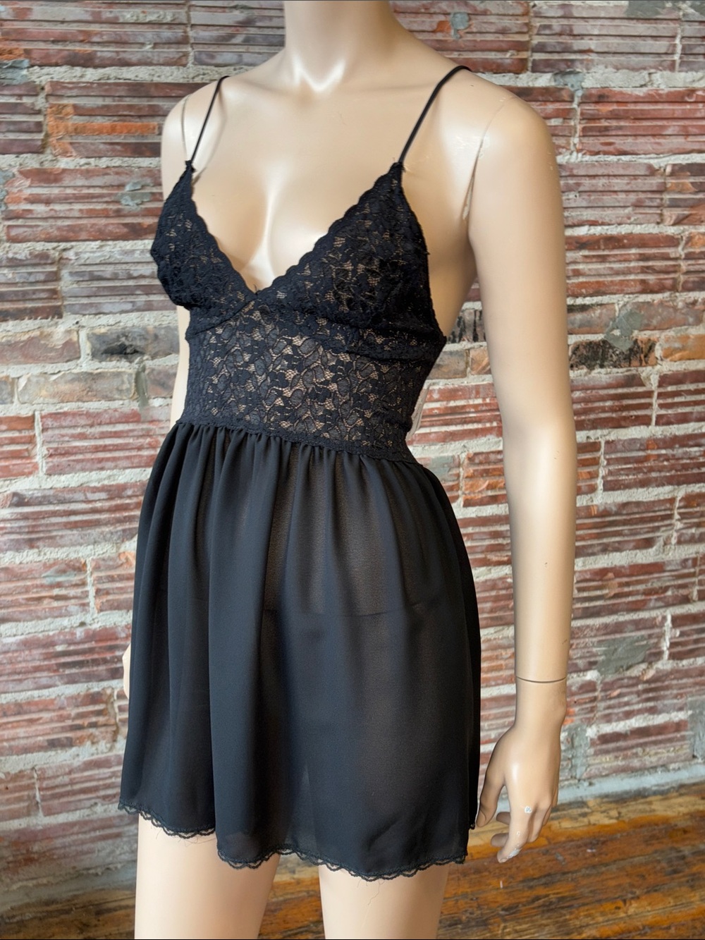 Vintage La Vie En Rose Black Lace Chemise with Sheer Skirt